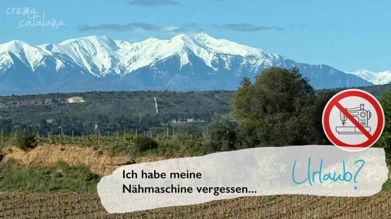 Berglandschaft mit Schnee und dem Text „Ich habe meine Nähmaschine vergessen” – Nähen und Urlaub