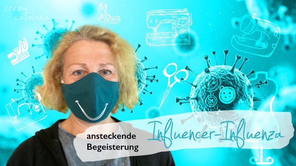 Frau mit Atemschutzmaske umgeben von Virus-Partikeln und Nähmaschinen-Illustrationen – Influencer-Influenza und ansteckende Begeisterung beim Nähen