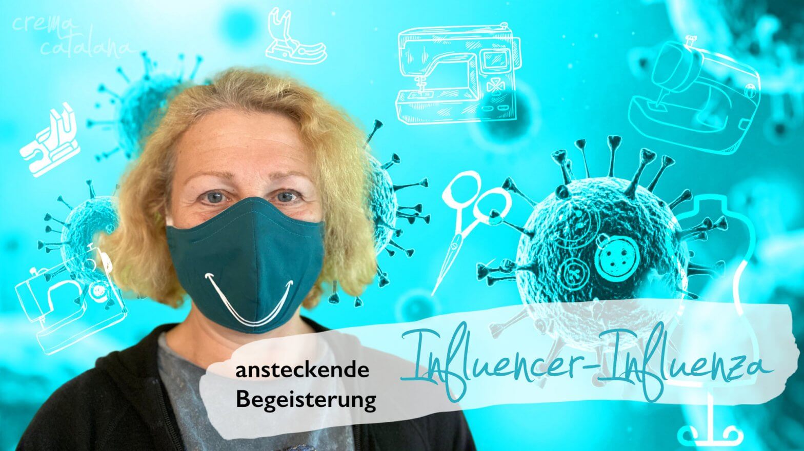 Frau mit Atemschutzmaske umgeben von Virus-Partikeln und Nähmaschinen-Illustrationen – Influencer-Influenza und ansteckende Begeisterung beim Nähen