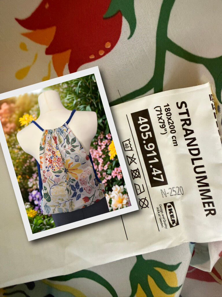 Selbst genähter Rucksackbeutel aus dem geblümten IKEA-Duschvorhang STRANDLUMMER