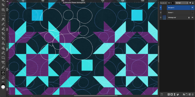 Screenshot des Programms Affinity mit Quilttop-Foto und darübergelegter Ebene mit skizzierten Quiltlinien