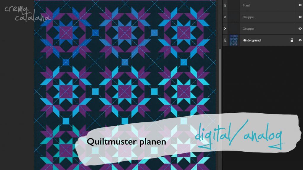 Sternenquilt am Bildschirm mit darübergelegten, diagonal skizzierten Quiltlinien – Quiltmuster planen im Ebenenprogramm