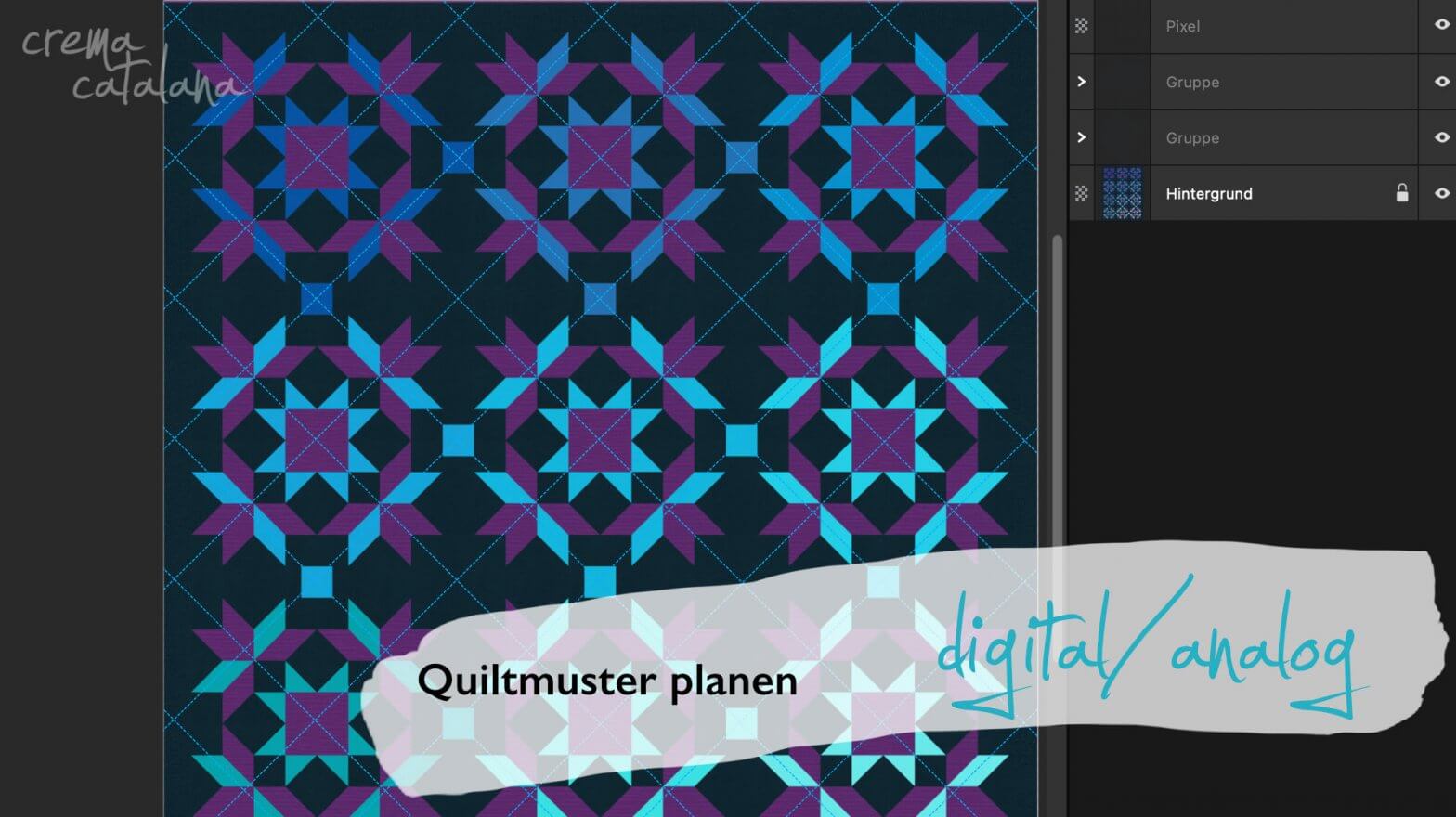 Sternenquilt am Bildschirm mit darübergelegten, diagonal skizzierten Quiltlinien – Quiltmuster planen im Ebenenprogramm