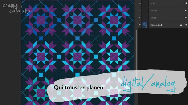 Sternenquilt am Bildschirm mit darübergelegten, diagonal skizzierten Quiltlinien – Quiltmuster planen im Ebenenprogramm