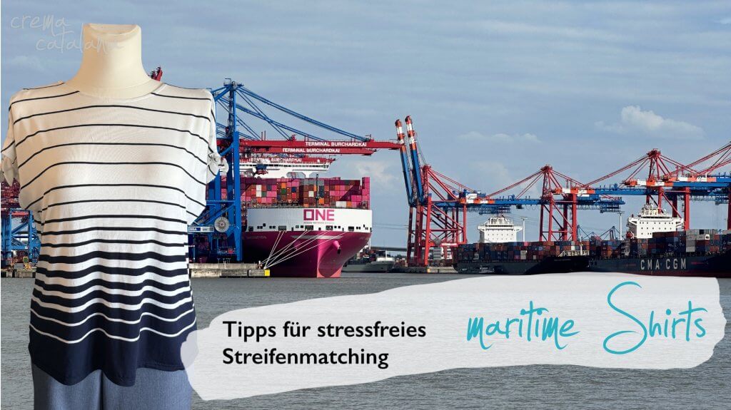 Maritimes Ringelshirt aus Viskosejersey auf Schneiderpuppe vor Hamburger Kulisse