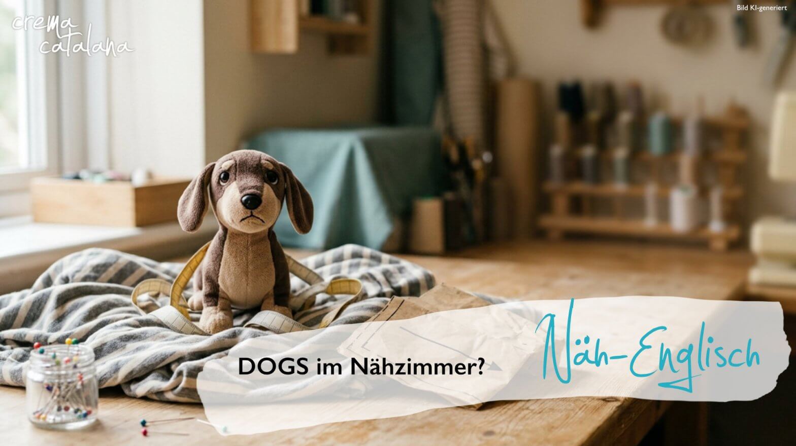 Plüschdackel sitzt auf gestreiftem Jersey auf einem Nähtisch, daneben Maßband, Schnittteil und Stecknadeln
