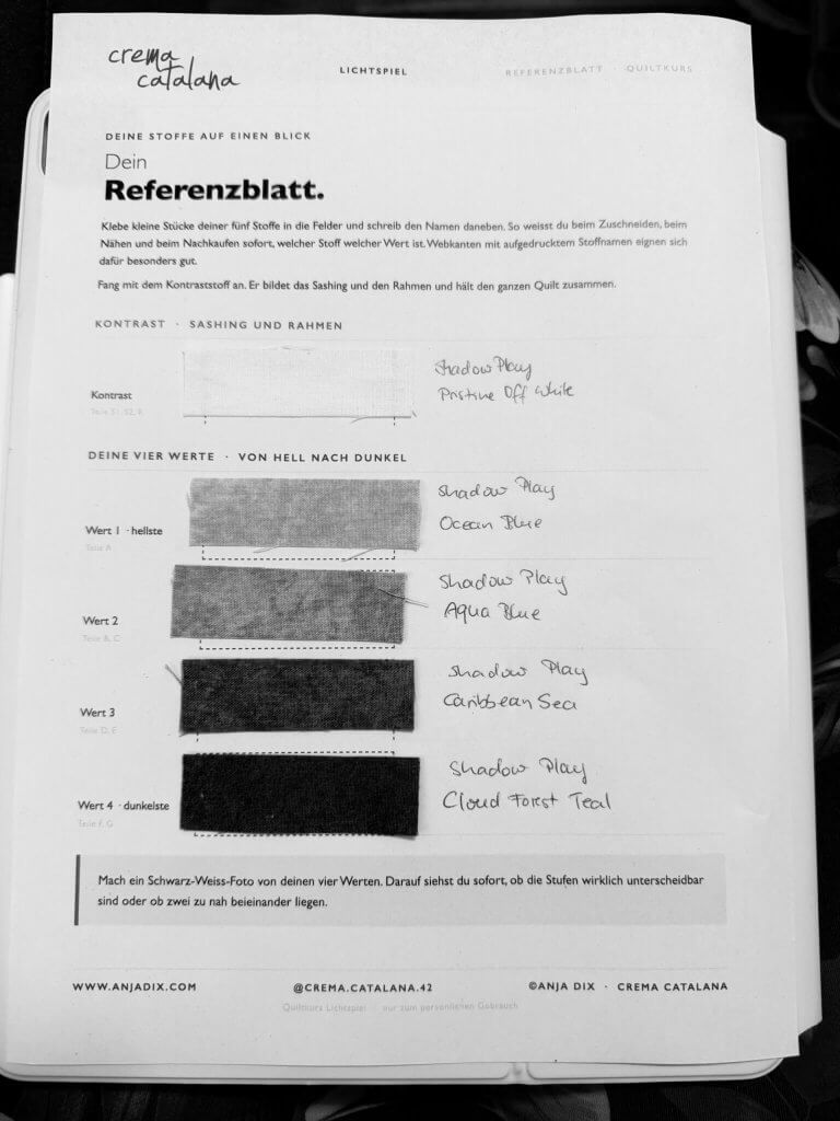 Fünf Patchworkstoffe als Schwarz-Weiß-Foto zum Prüfen der Helligkeitsstufen