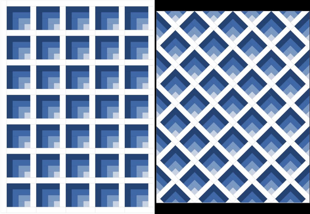 Derselbe Quiltblock einmal gerade gesetzt und einmal diagonal on-point