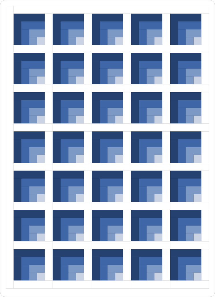 Quilt aus gleichen Blöcken, bei dem die Kontraststreifen ein durchgehendes Gitter über die ganze Fläche bilden