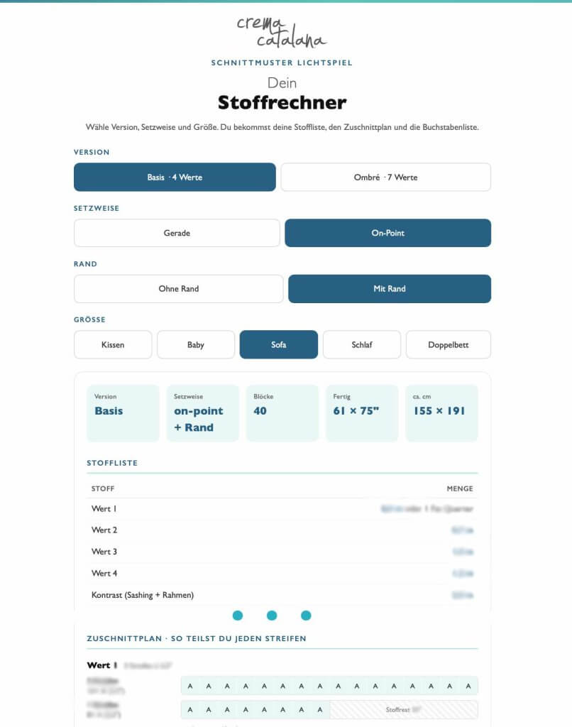 Screenshot des Lichtspiel-Stoffrechners mit Stoffliste und Zuschnittplan für den Sofaquilt