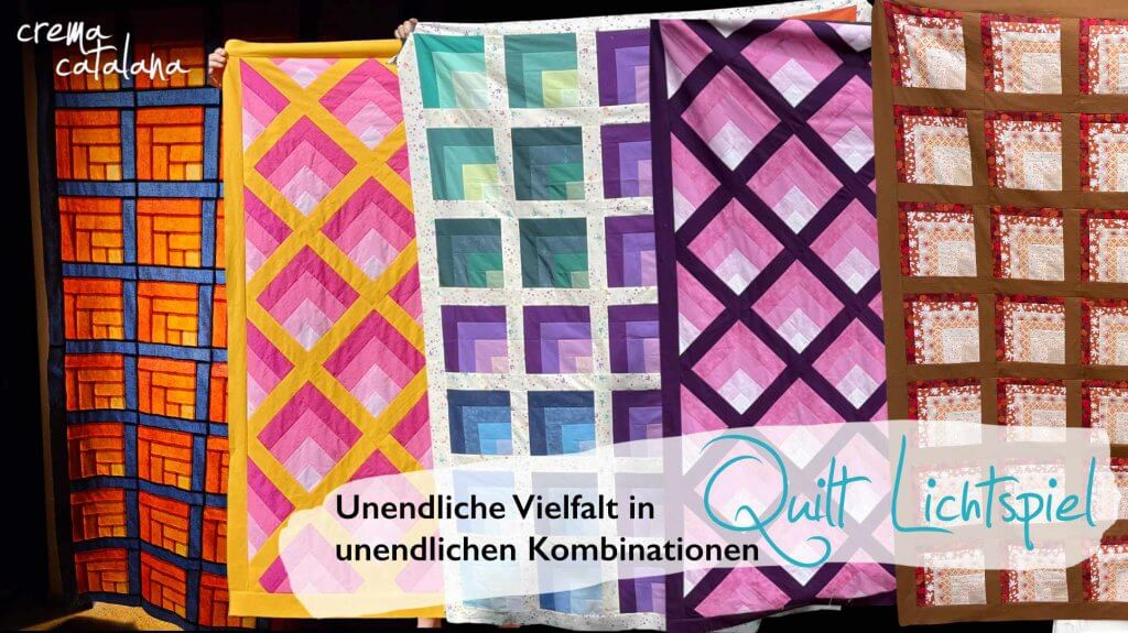 Fünf fertige Lichtspiel-Quilts nebeneinander, alle nach demselben Quilt-Schnittmuster genäht