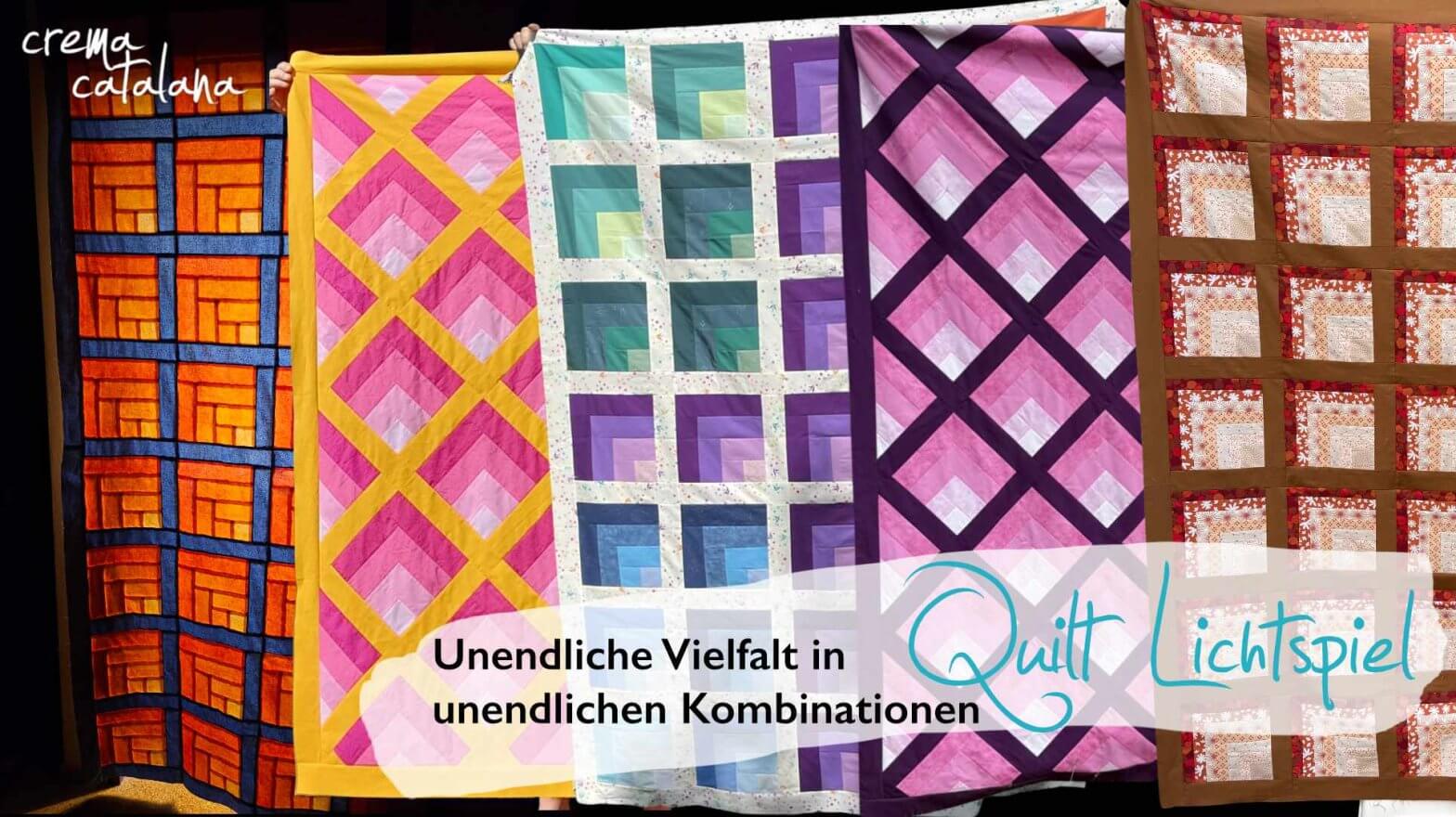 Fünf fertige Lichtspiel-Quilts nebeneinander, alle nach demselben Quilt-Schnittmuster genäht