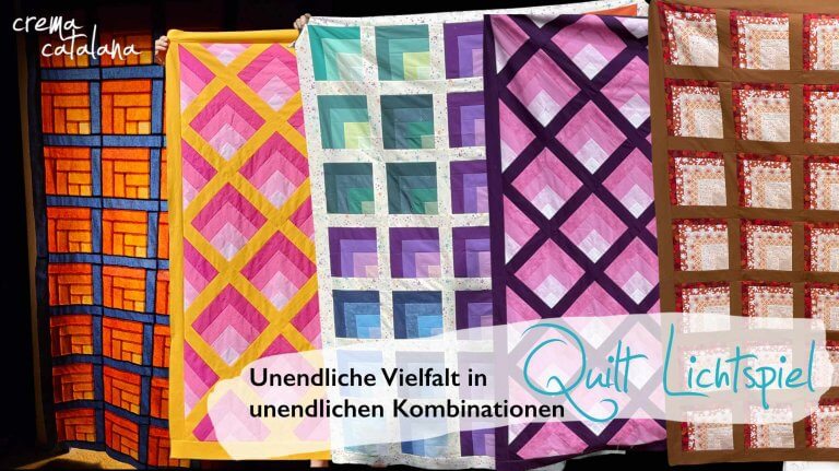 Fünf fertige Lichtspiel-Quilts nebeneinander, alle nach demselben Quilt-Schnittmuster genäht